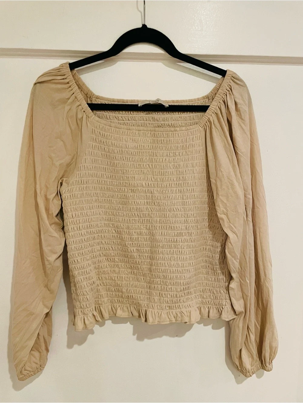LOFT Neutral Beige Smocked Peasant Blouse
